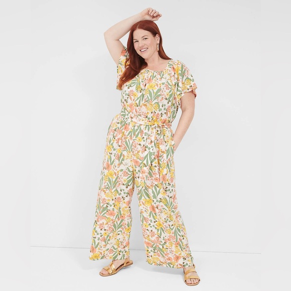 Lane Bryant Pants - Lane Bryant Smocked-Neck Wide Leg Floral Jumpsuit